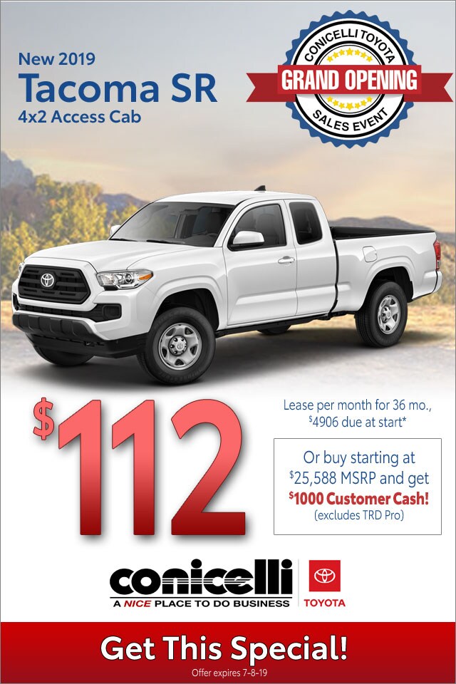 $112/mo. leases a New 2019 Toyota Tacoma SR 4x2 Access Cab at Conicelli Toyota - Click for details...