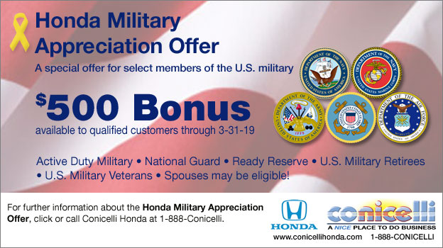 Honda Military Appreciation Offer - $500 Bonus available to qualified customers! Click for info...