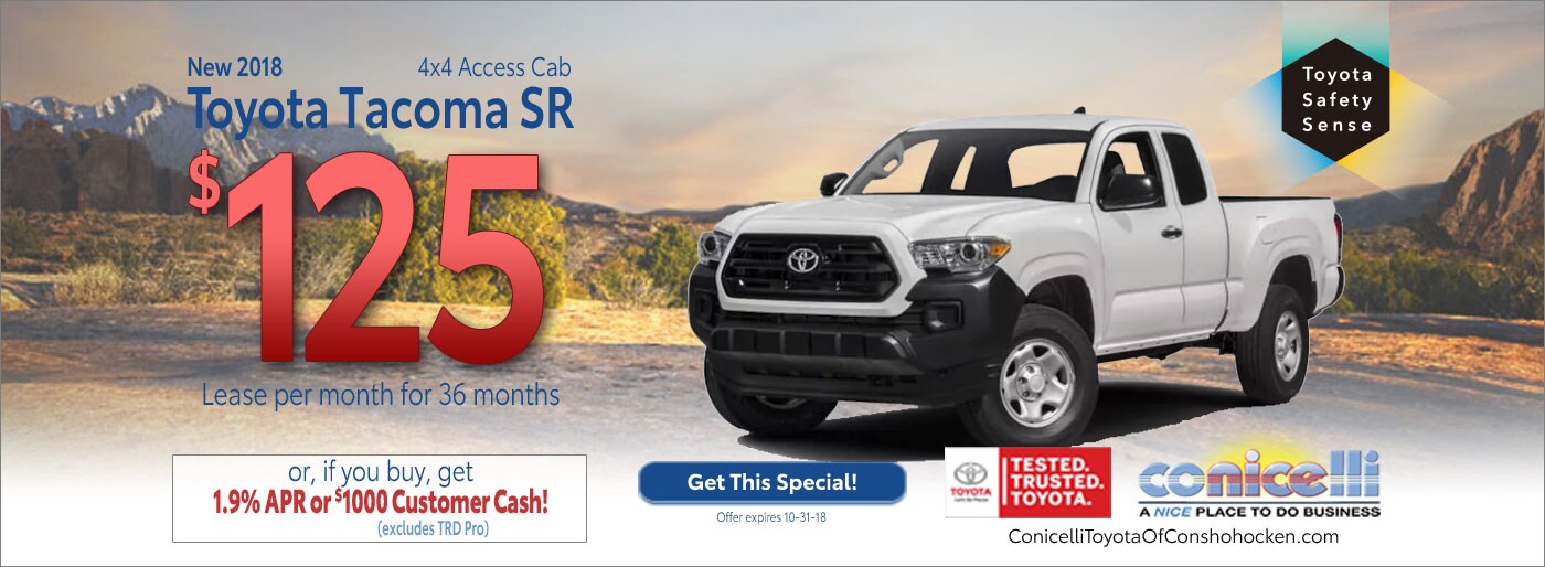$125/mo. leases a New 2018 Toyota Tacoma SR 4x4 Access Cab at Conicelli Toyota of Conshohocken. Call 1-888-Conicelli.