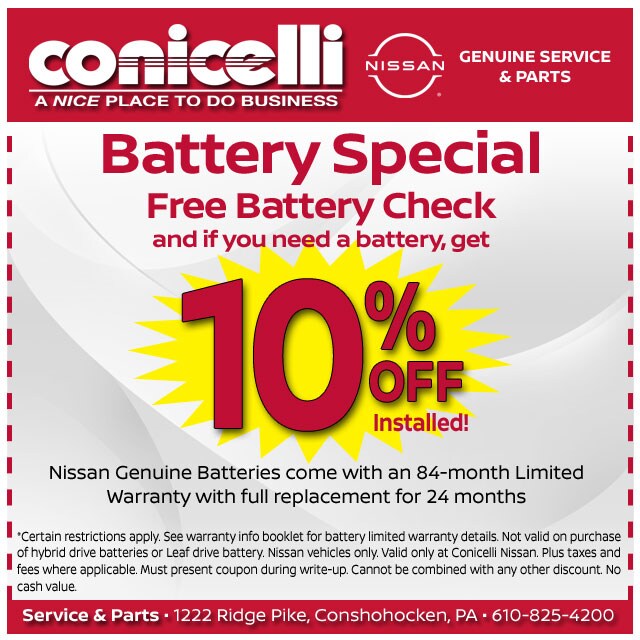 FREE Battery Check & 10% Off New Installed Battery at Conicelli Nissan! Click to schedule service...
