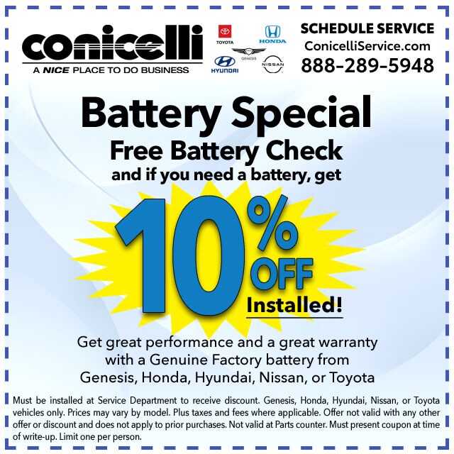 FREE Battery Check & 10% Off New Installed Battery at Conicelli Autoplex! Click to schedule service...