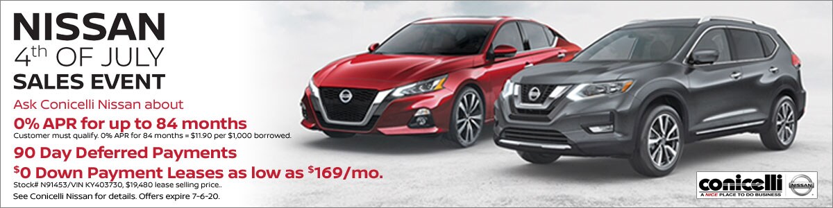 0% APR, 90 Day Deferred Payments, $0 Down Payment Leases during Nissan's 4th of July Sales Event at Conicelli Nissan!