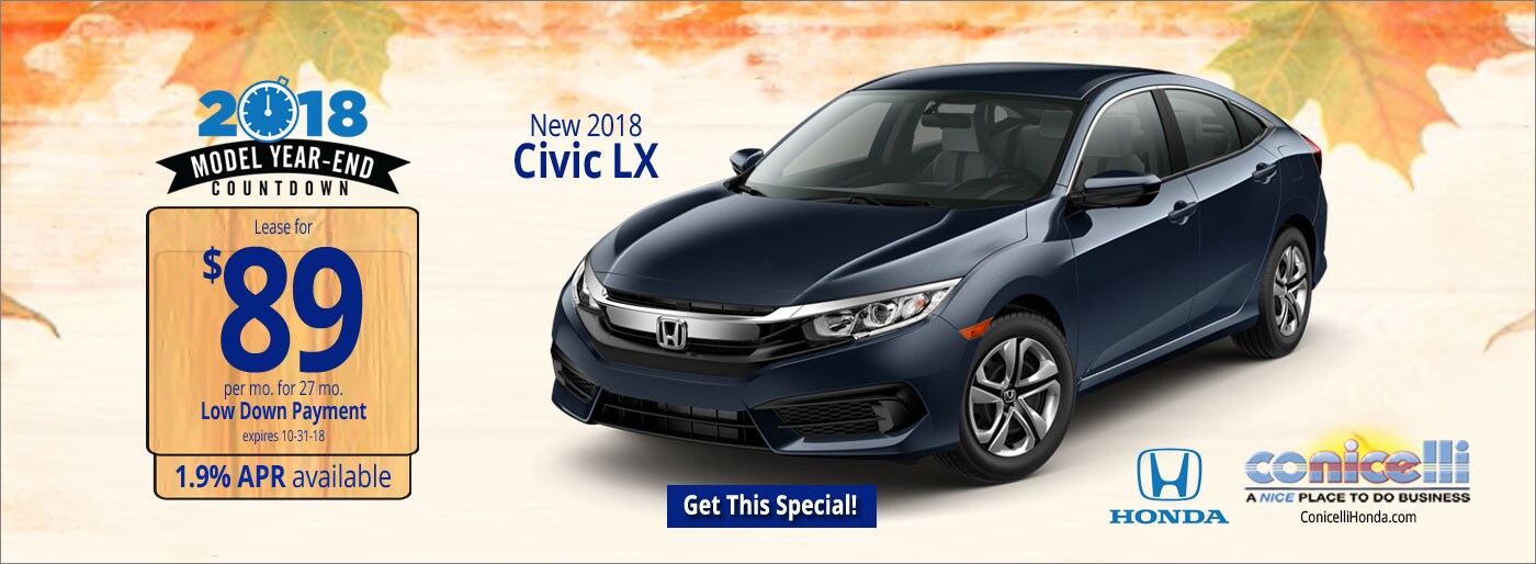 $89/mo. leases a New 2018 Honda Civic LX Sedan at Conicelli Honda in Conshohocken! Click or call 1-888-Conicelli...