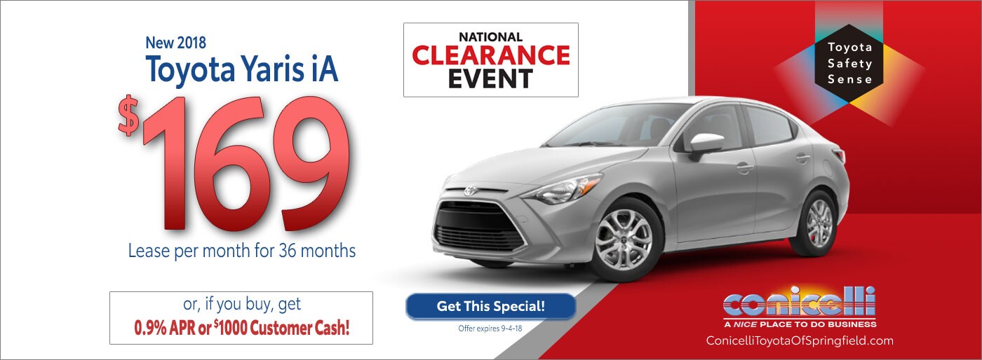 $169/mo. lease s New 2018 Toyota Yaris iA at Conicelli Toyota of Springfield. Call 1-877-740-4031.