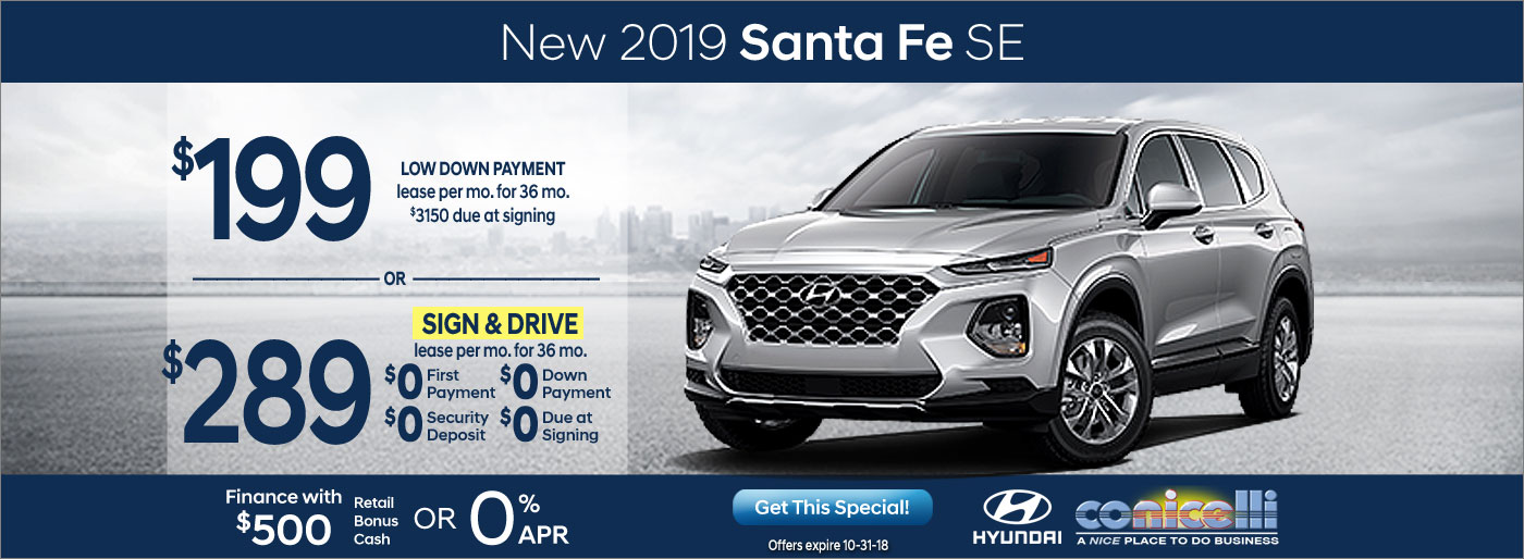 $199 or $289/mo. leases a New 2019 Hyundai Santa Fe SE at Conicelli Hyundai in Conshohocken! Click or call 1-888-Conicelli...