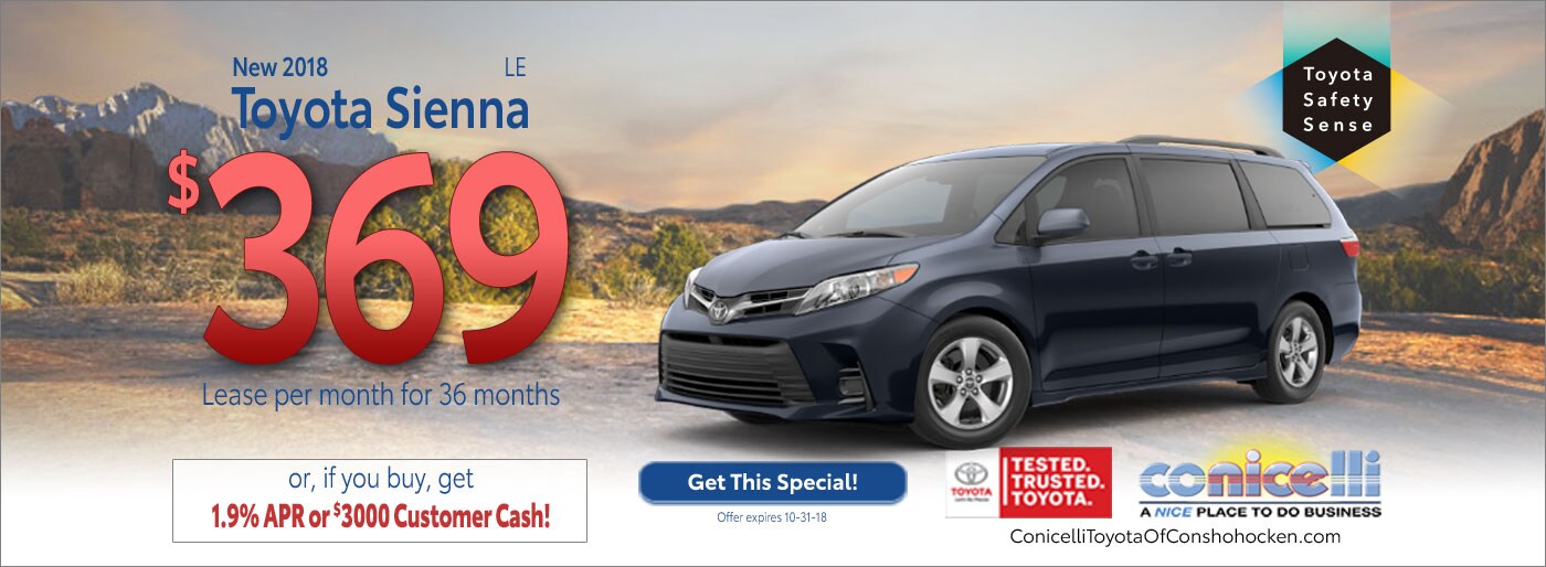 $369/mo. leases a New 2018 Toyota Sienna LE at Conicelli Toyota of Conshohocken. Call 1-888-Conicelli.