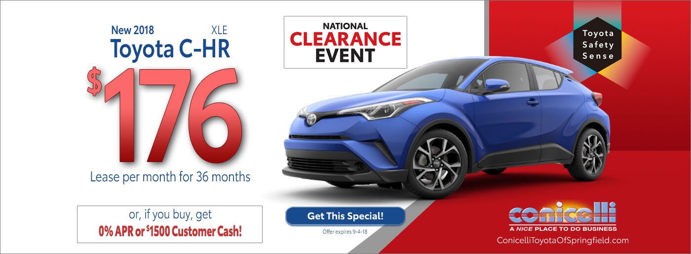 $176/mo. leases a New 2018 Toyota C-HR XLE at Conicelli Toyota of Springfield. Call 1-877-740-4031.