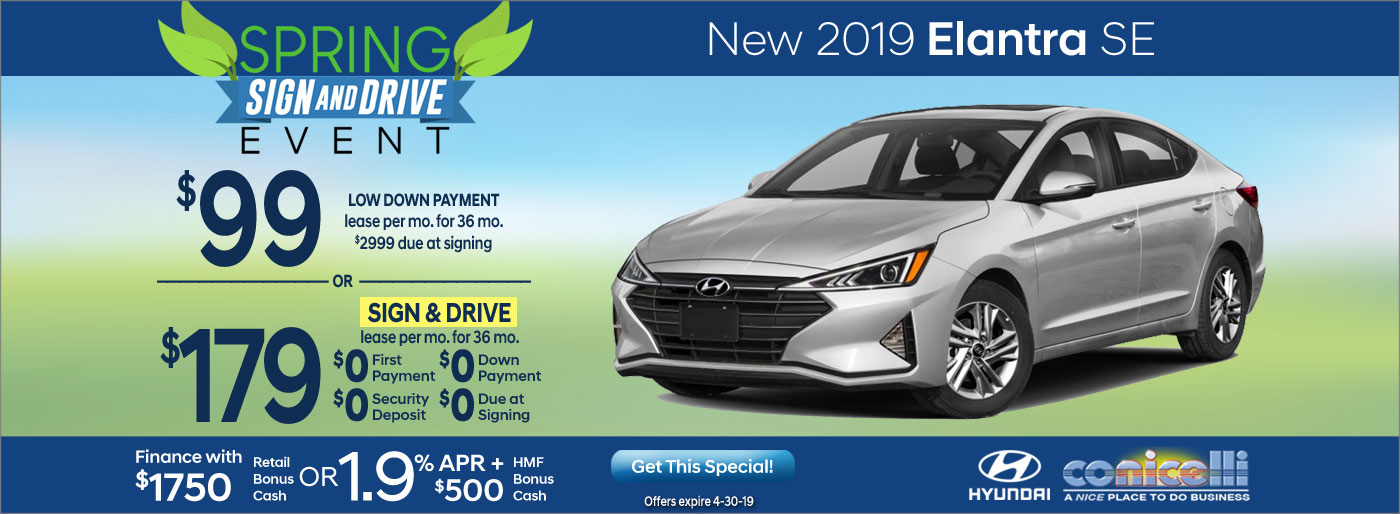 $99/mo. or $179/mo. leases a New 2019 Hyundai Elantra SE at Conicelli Hyundai in Conshohocken! Click or call 1-888-Conicelli...