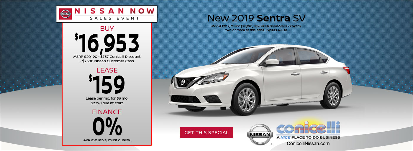 $159/mo. leases a New 2019 Nissan Sentra SV at Conicelli Nissan. Click or call 1-888-Conicelli now!