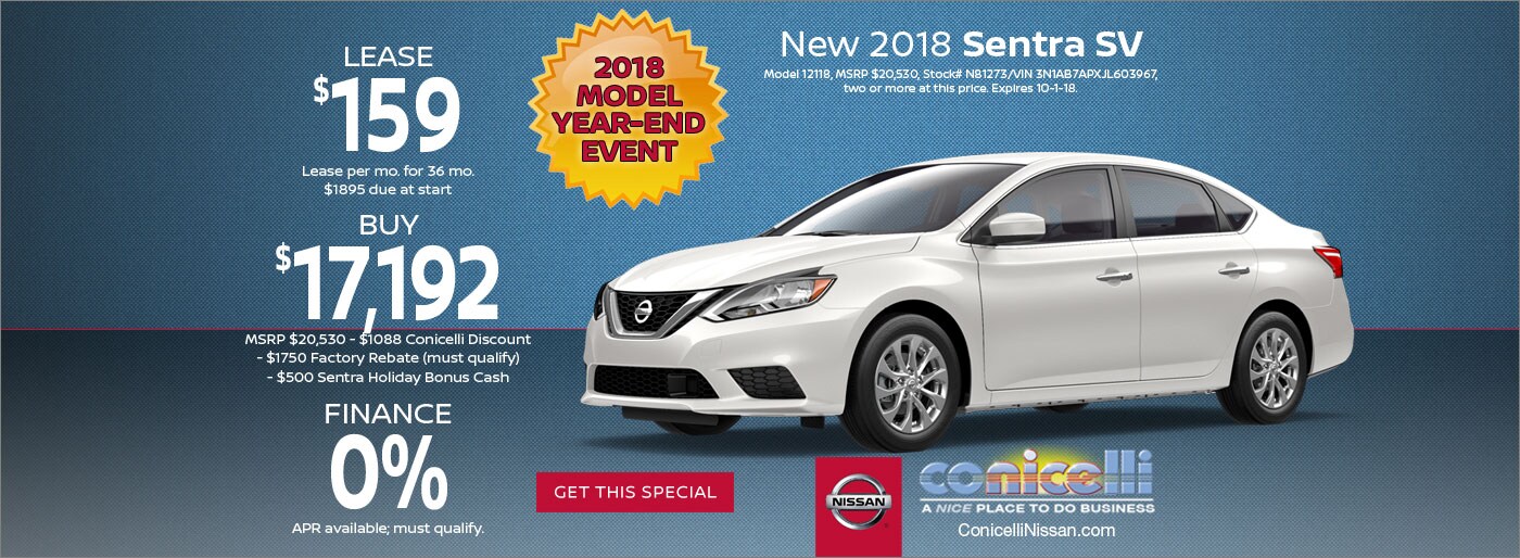 $159/mo. leases a New 2018 Nissan Sentra SV at Conicelli Nissan. Click or call 1-888-Conicelli now!