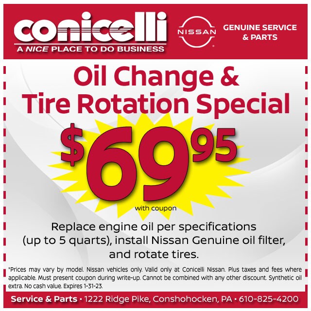 $69.95 Oil Change and Rotation Special at Conicelli Nissan - Click to schedule service...