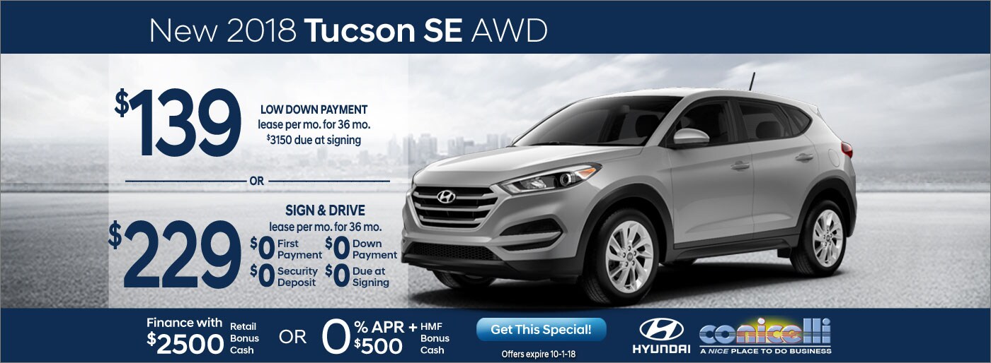 $139/mo. or $229/mo. leases a New 2018 Tucson SE AWD at Conicelli Hyundai in Conshohocken! Click or call 1-888-Conicelli...