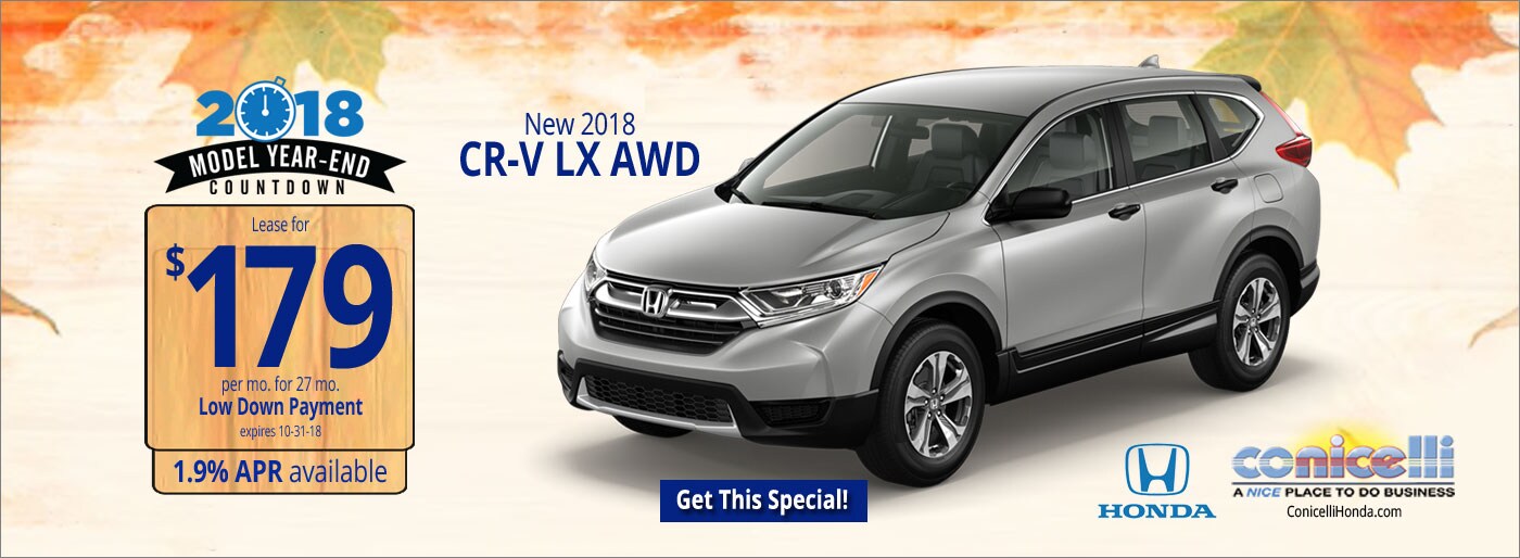 $179/mo. leases a New 2018 Honda CR-V LX AWD at Conicelli Honda in Conshohocken! Click or call 1-888-Conicelli...