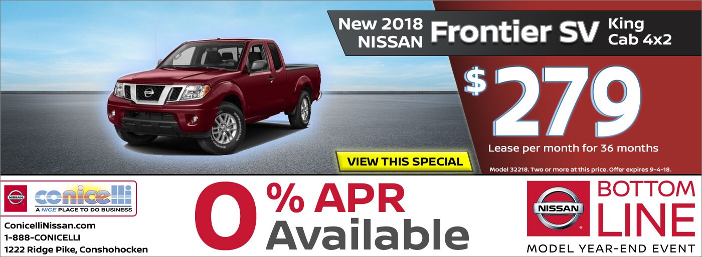 $279/mo. leases a New 2018 Frontier SV King Cab 4x2 at Conicelli Nissan. Click or call 1-888-Conicelli now!