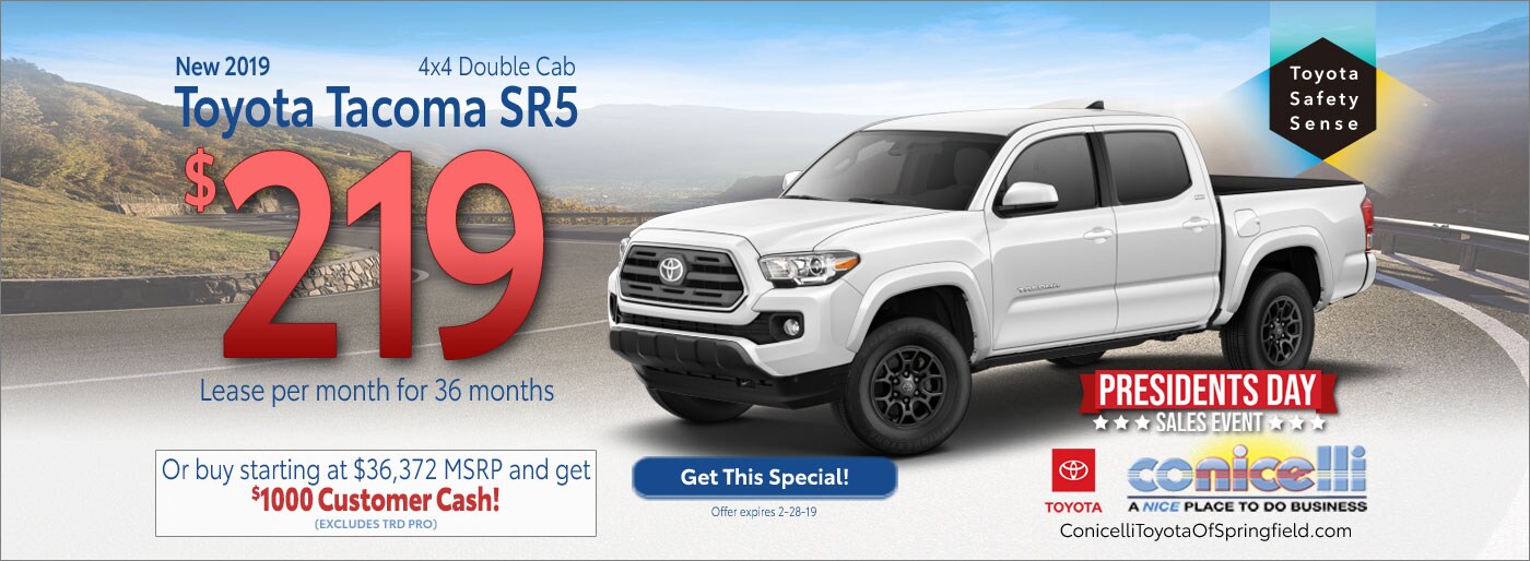 $219/mo. leases a New 2019 Tacoma SR5 4x4 Double Cab at Conicelli Toyota of Springfield. Call 1-877-740-4031.