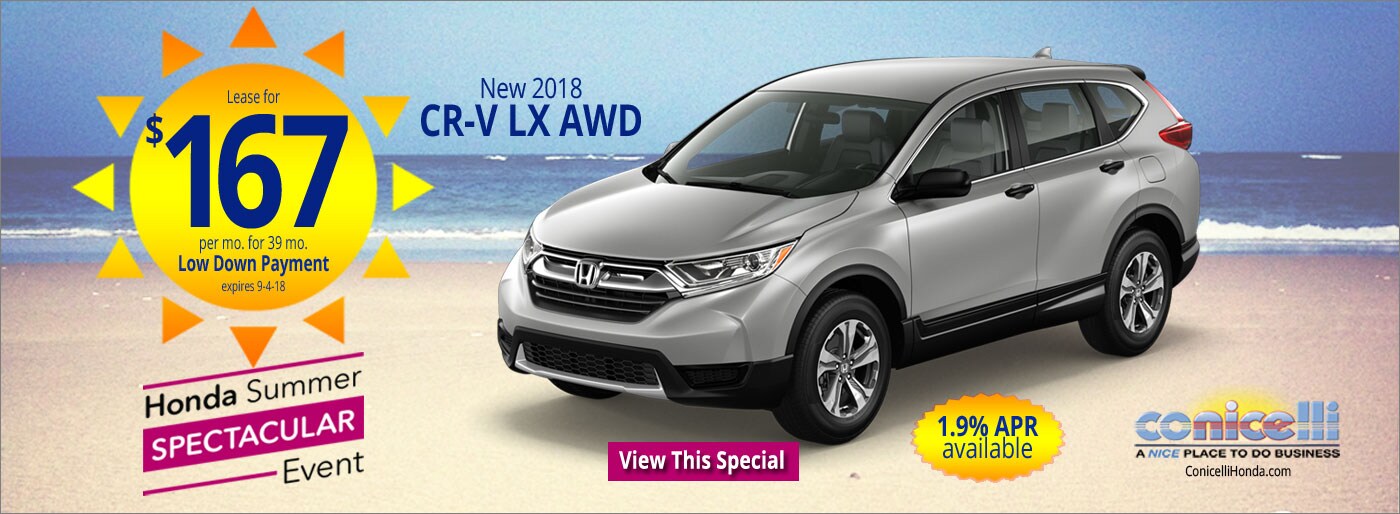 $167/mo. leases a New 22018 CR-V LX AWD at Conicelli Honda in Conshohocken! Click or call 1-888-Conicelli...