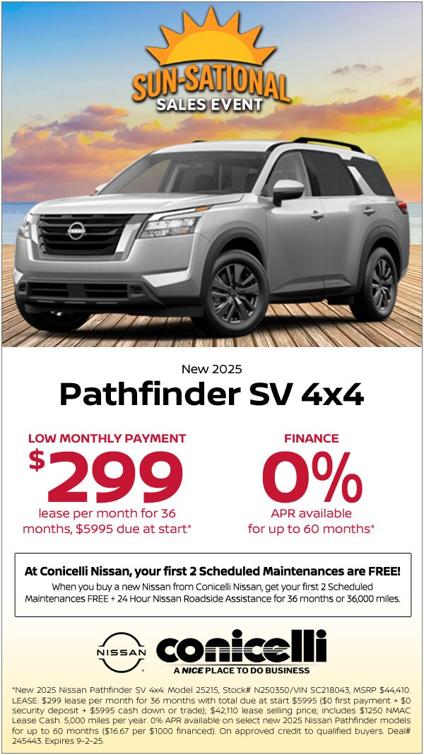 $299/mo. leases a New 2025 Pathfinder SV 4x4! Claim This Special...