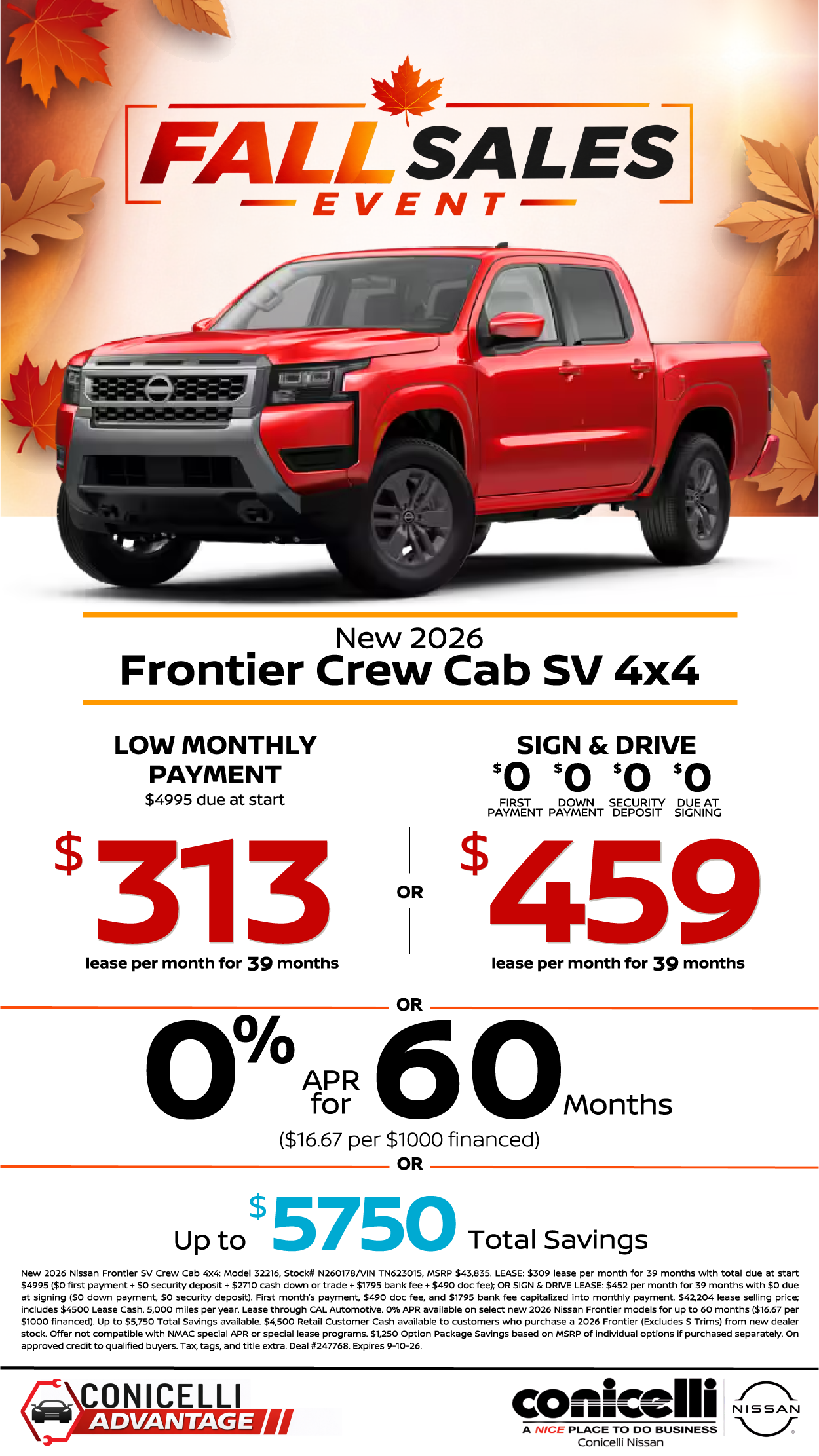 $313/mo. (OR $459/mo. with $0 due at signing) leases a New 2026 Frontier SV Crew Cab 4x4 at Conicelli Nissan!