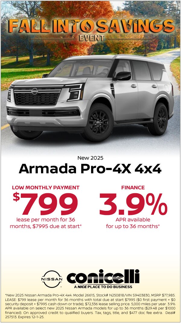 $799/mo. leases a New 2025 Armada Pro-4X 4x4 at Conicelli Nissan!