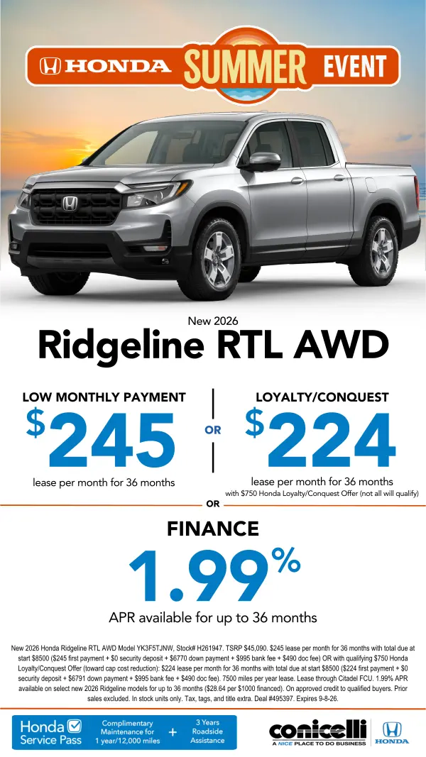$245/mo. leases a New 2026 Ridgeline RTL AWD! Claim this Special...