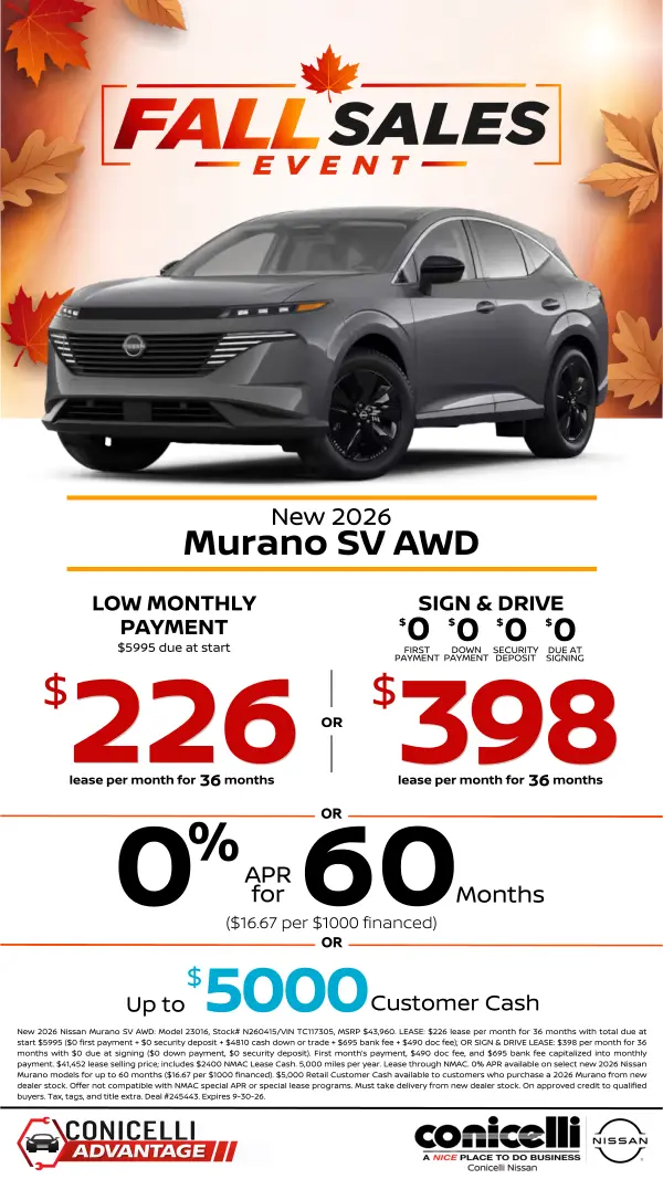 $226/mo. (OR $398/mo. with $0 due at signing) leases a New 2026 Nissan Murano SV AWD! Claim this Special...