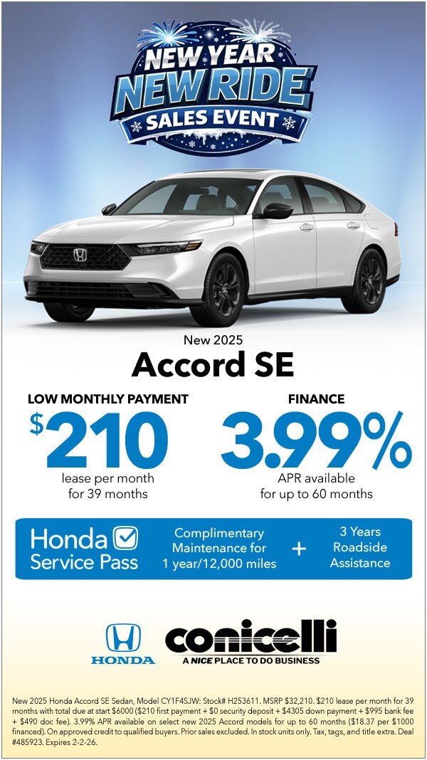 $210/mo. leases a New 2025 Accord SE at Conicelli Honda! Claim this Special...