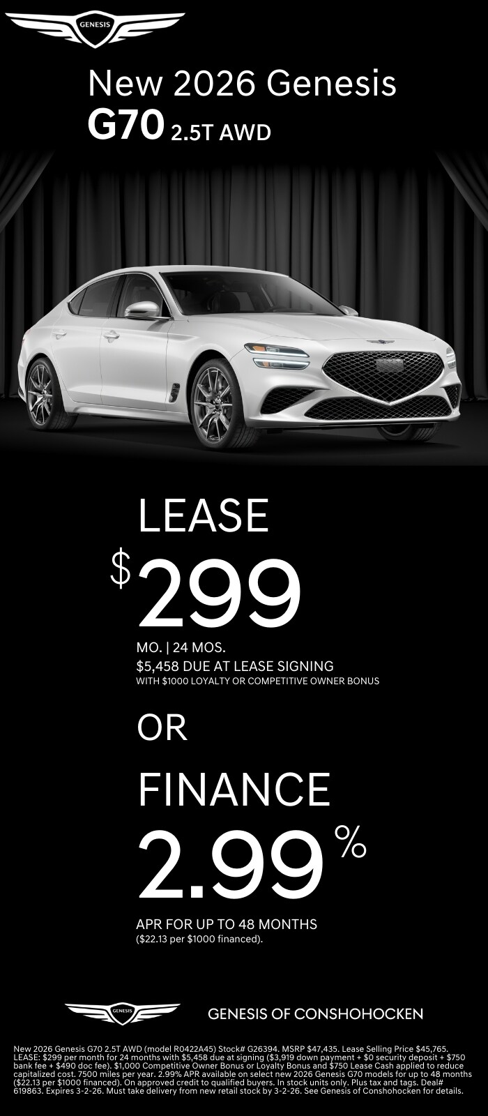 $299/mo. leases a New 2026 Genesis G70! View Specials...
