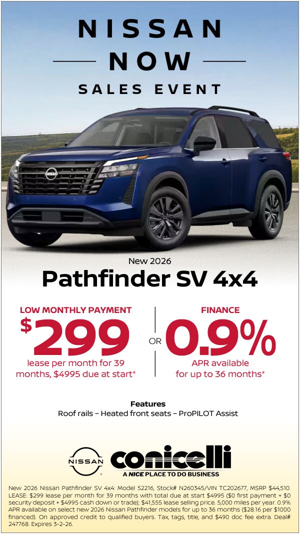 $299/mo. leases a New 2026 Pathfinder SV 4x4 at Conicelli Nissan! Claim this Special...