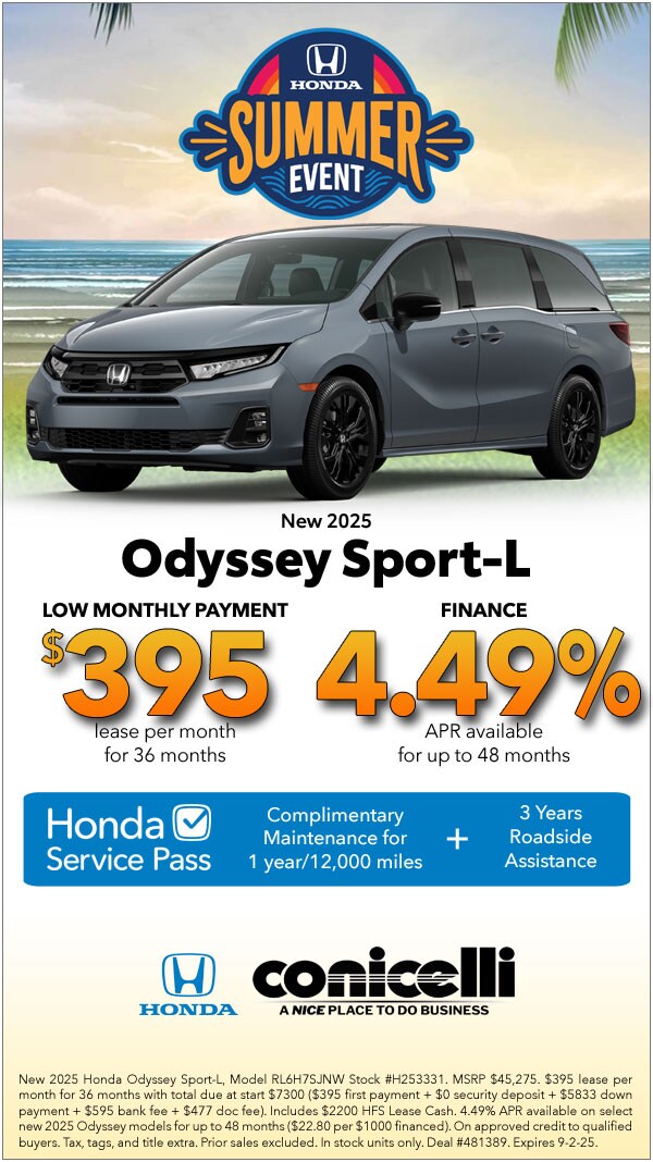 $395/mo. leases a New 2025 Odyssey Sport-L! Claim this Special...