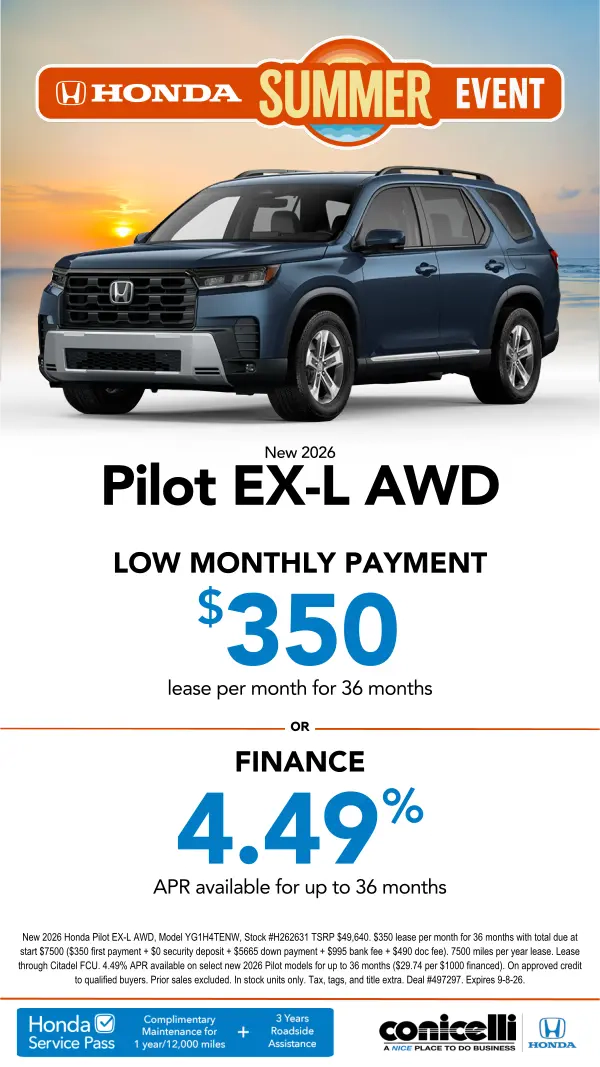 $350/mo. leases a New 2026 Pilot EX-L AWD! Claim this Special...
