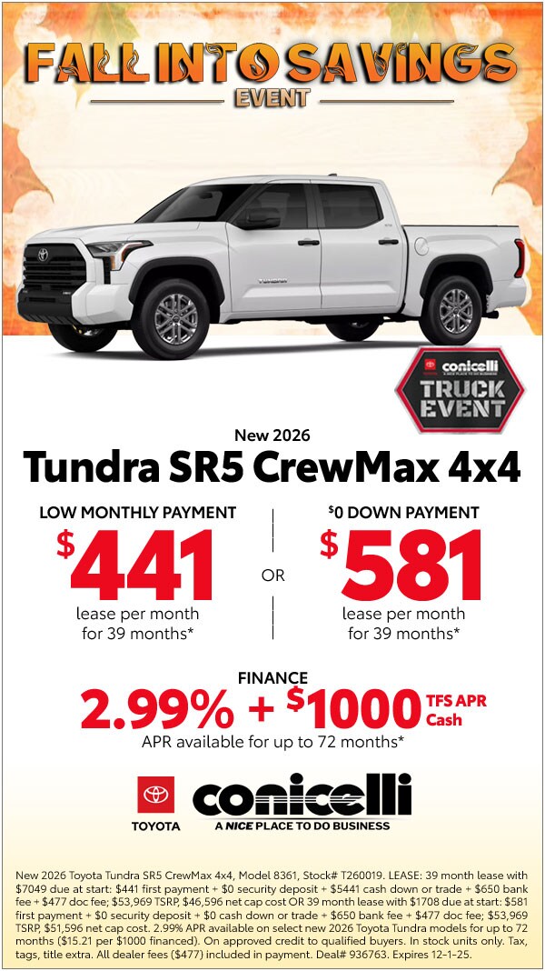 $441/mo. leases a New 2026 Tundra SR5 CrewMax 4x4! View Specials...