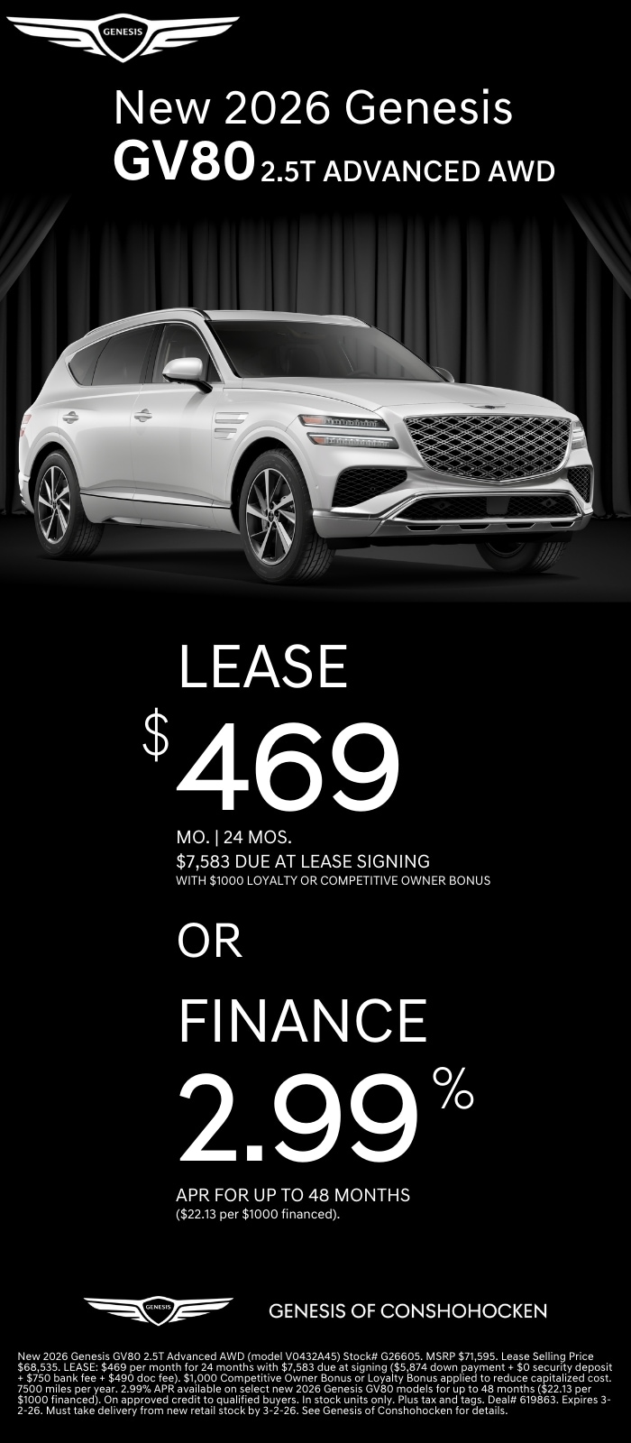 $469/mo. leases a New 2026 Genesis GV80! View Specials...