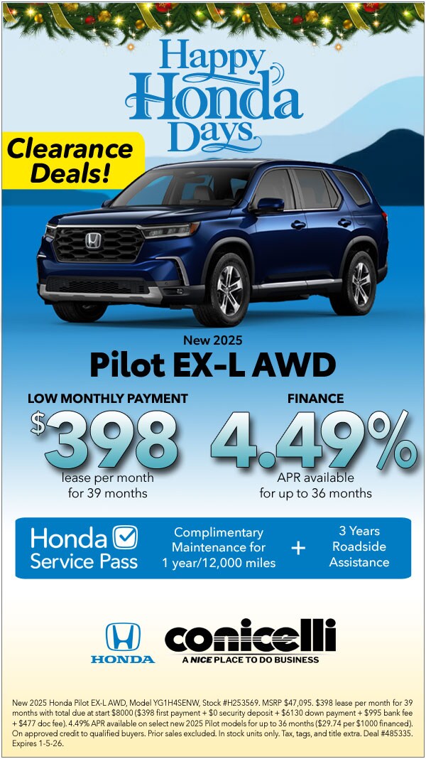 $398/mo. leases a New 2025 Pilot EX-L AWD! Claim this Special...