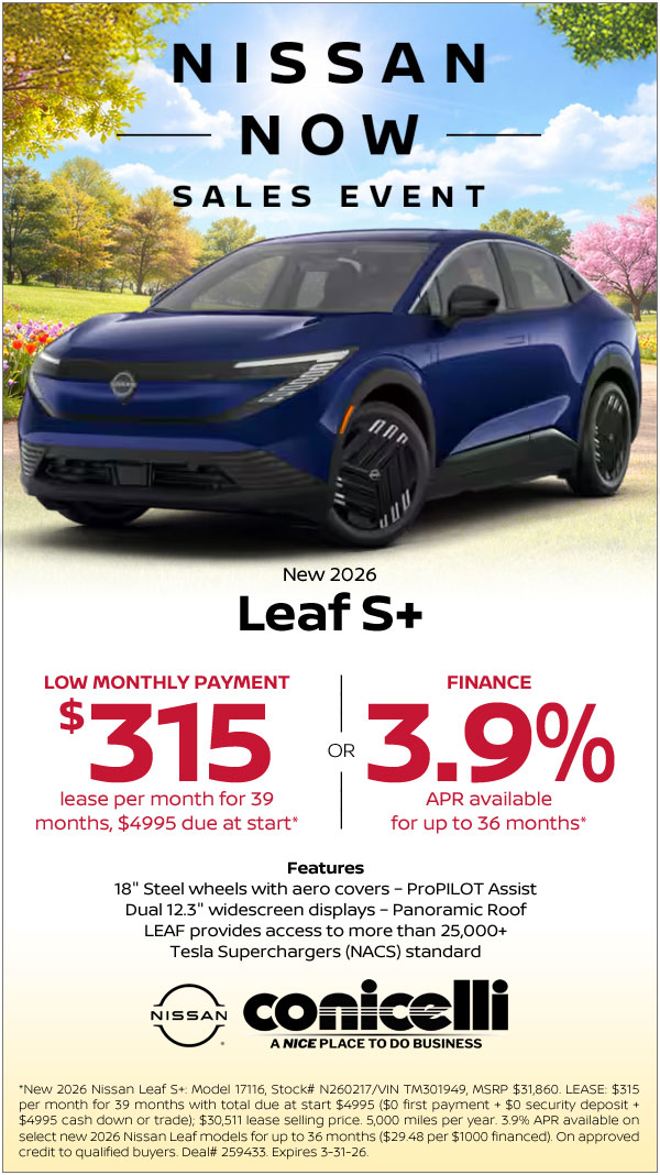 $315/mo. leases a New 2026 Leaf S+ at Conicelli Nissan!