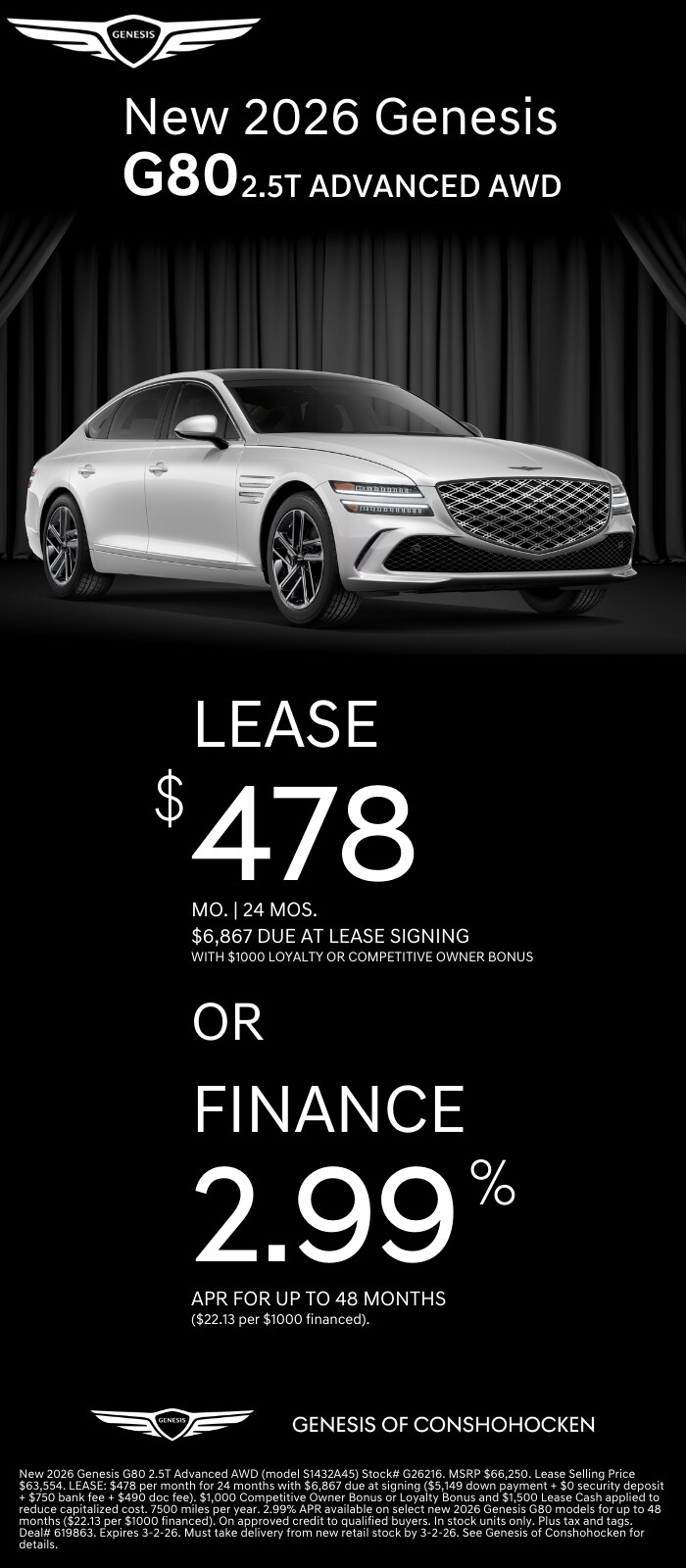$478/mo. leases a New 2026 Genesis G80! View Specials...