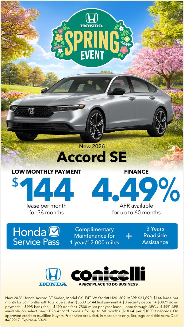 $144/mo. leases a New 2026 Accord SE at Conicelli Honda! Claim this Special...