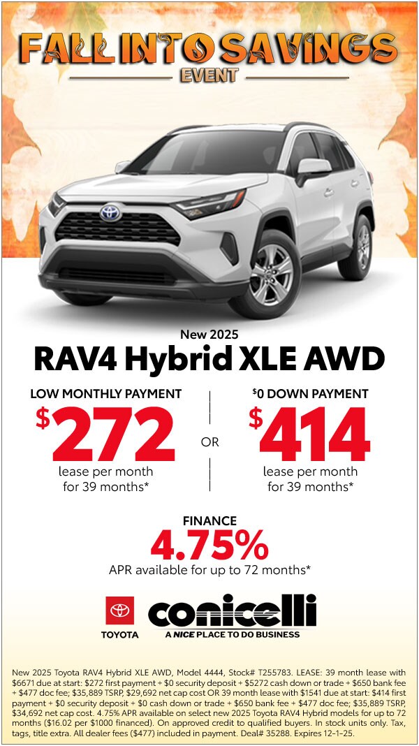 $272/mo. leases a New 2025 RAV4 Hybrid XLE AWD! View Specials...