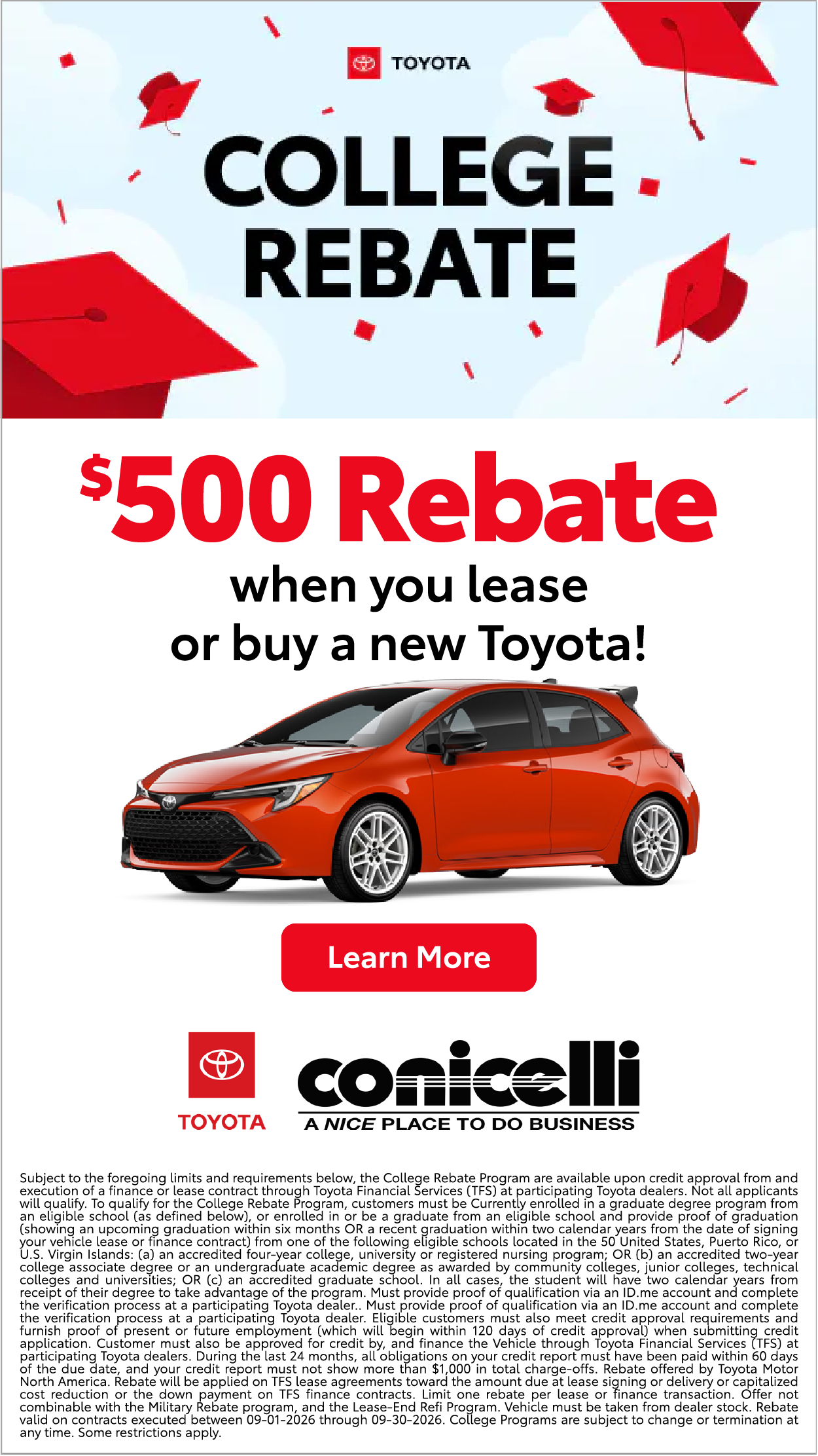 Recent college grads get a $500 rebate when you lease or buy a new Toyota! Click to learn more...