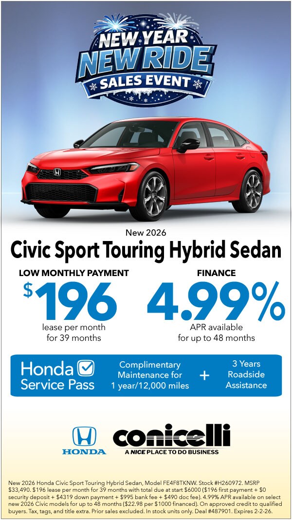 $196/mo. leases a New 2026 Civic Sport Touring Hybrid Sedan at Conicelli Honda! Claim this Special...