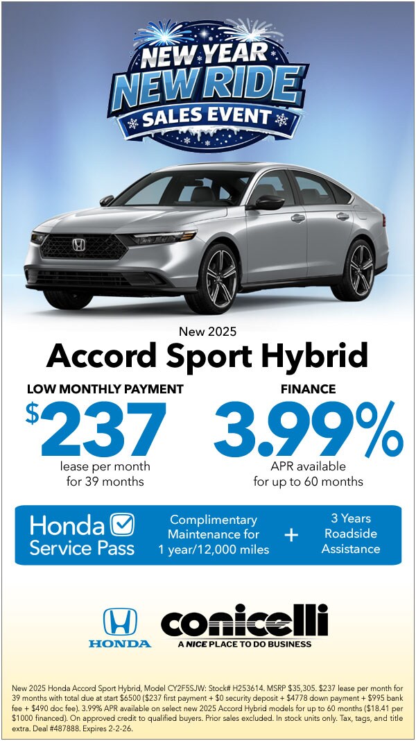 $237/mo. leases a New 2025 Accord Sport Hybrid at Conicelli Honda! Claim this Special...