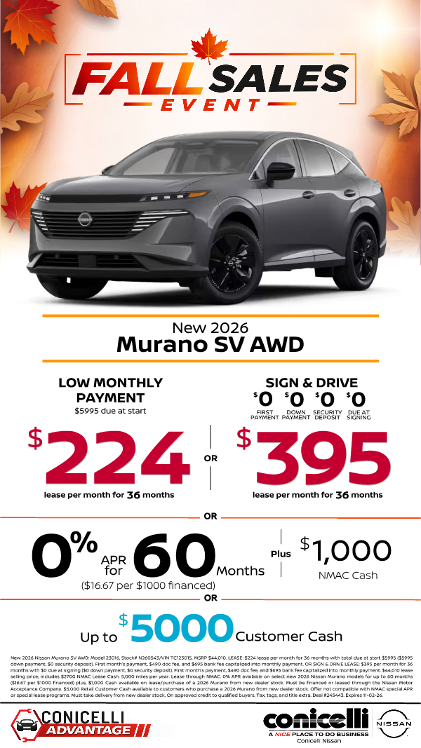 $224/mo. (OR $395/mo. with $0 due at signing) leases a New 2026 Nissan Murano SV AWD! Claim this Special...