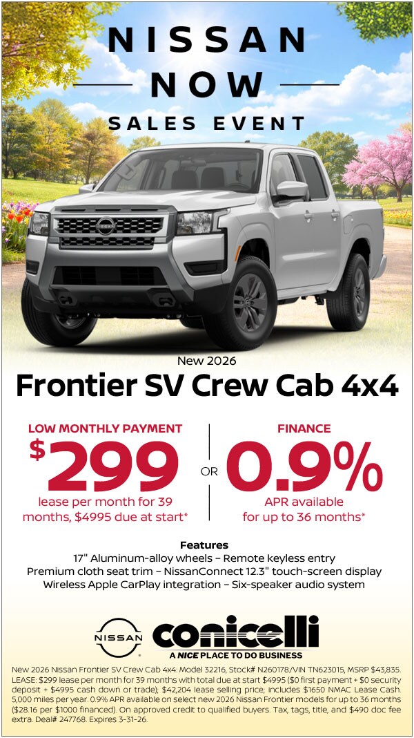 $299/mo. leases a New 2026 Frontier SV Crew Cab 4x4 at Conicelli Nissan!