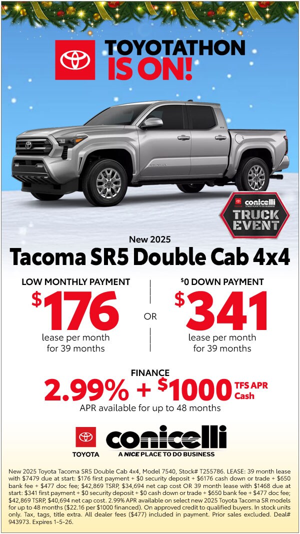 $176/mo. leases a New 2025 Tacoma SR5 Double Cab 4x4! Claim this Special...