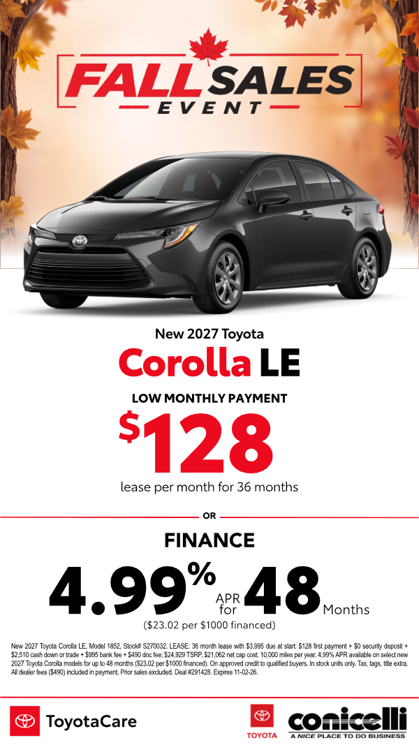 $128/mo. leases a New 2027 Corolla LE! View Specials...