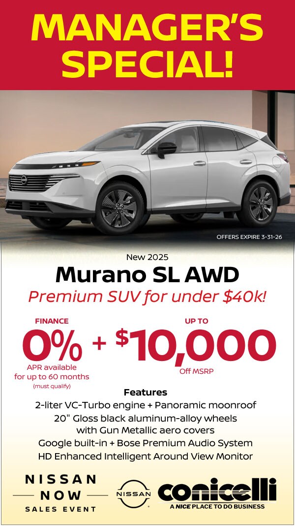 0% APR available on New 2025 Murano SL AWD PLUS up to $10,000 off MSRP!