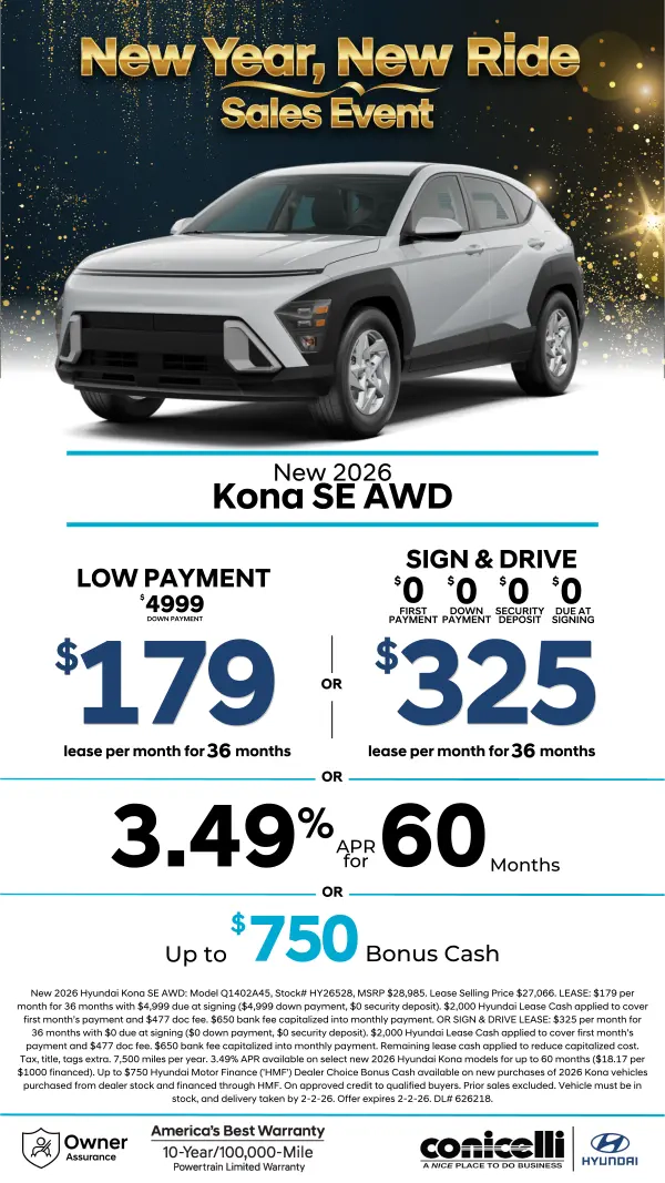 Lease a new 2026 Kona SE AWD for just $179/mo or Sign & Drive for just $325/mo. Claim this Special...