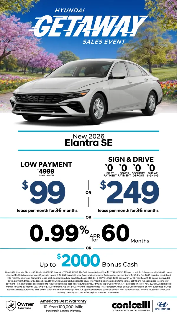 Lease a new 2026 Elantra SE for just $99/mo or Sign & Drive for just $249/mo. Claim this Special...
