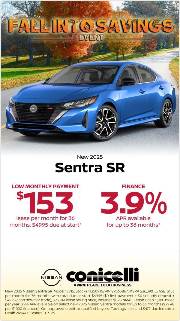 $153/mo. leases a New 2025 Sentra SR at Conicelli Nissan! Claim this Special...