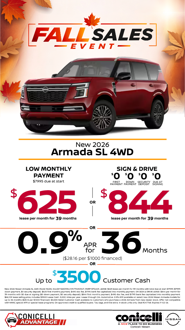 $625/mo. (OR $844/mo. with $0 due at signing) leases a New 2026 Armada SL 4x4! Claim This Special...