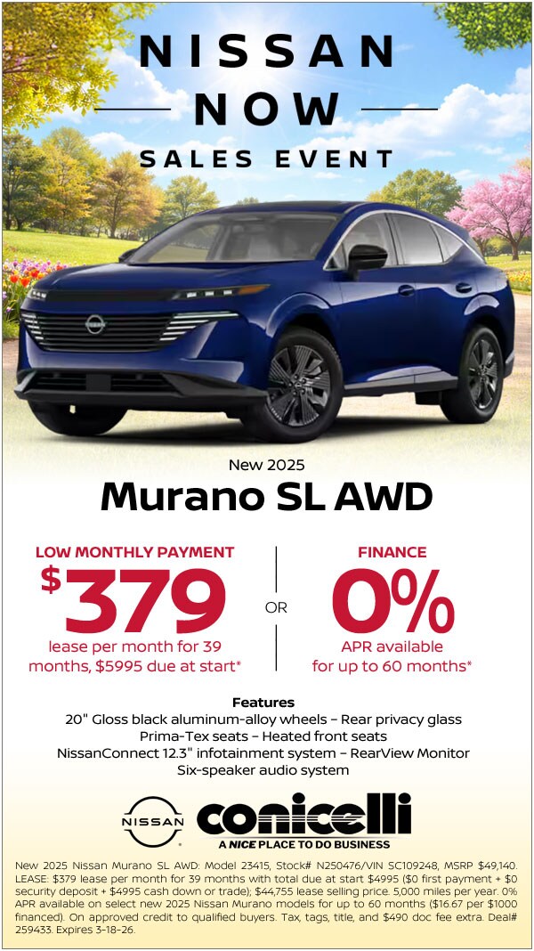 $379/mo. leases a New 2025 Murano SL AWD at Conicelli Nissan!